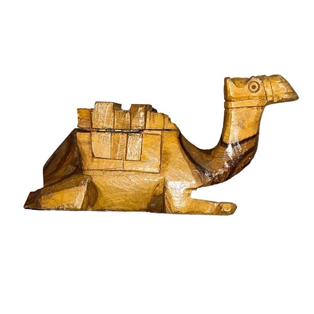 Camel Figurine From Egypt hand carved olive wood trinket box vintage wooden